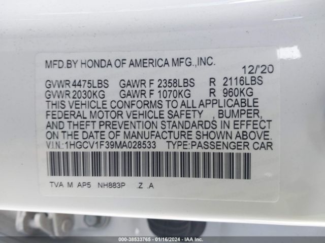 Photo 8 VIN: 1HGCV1F39MA028533 - HONDA ACCORD 