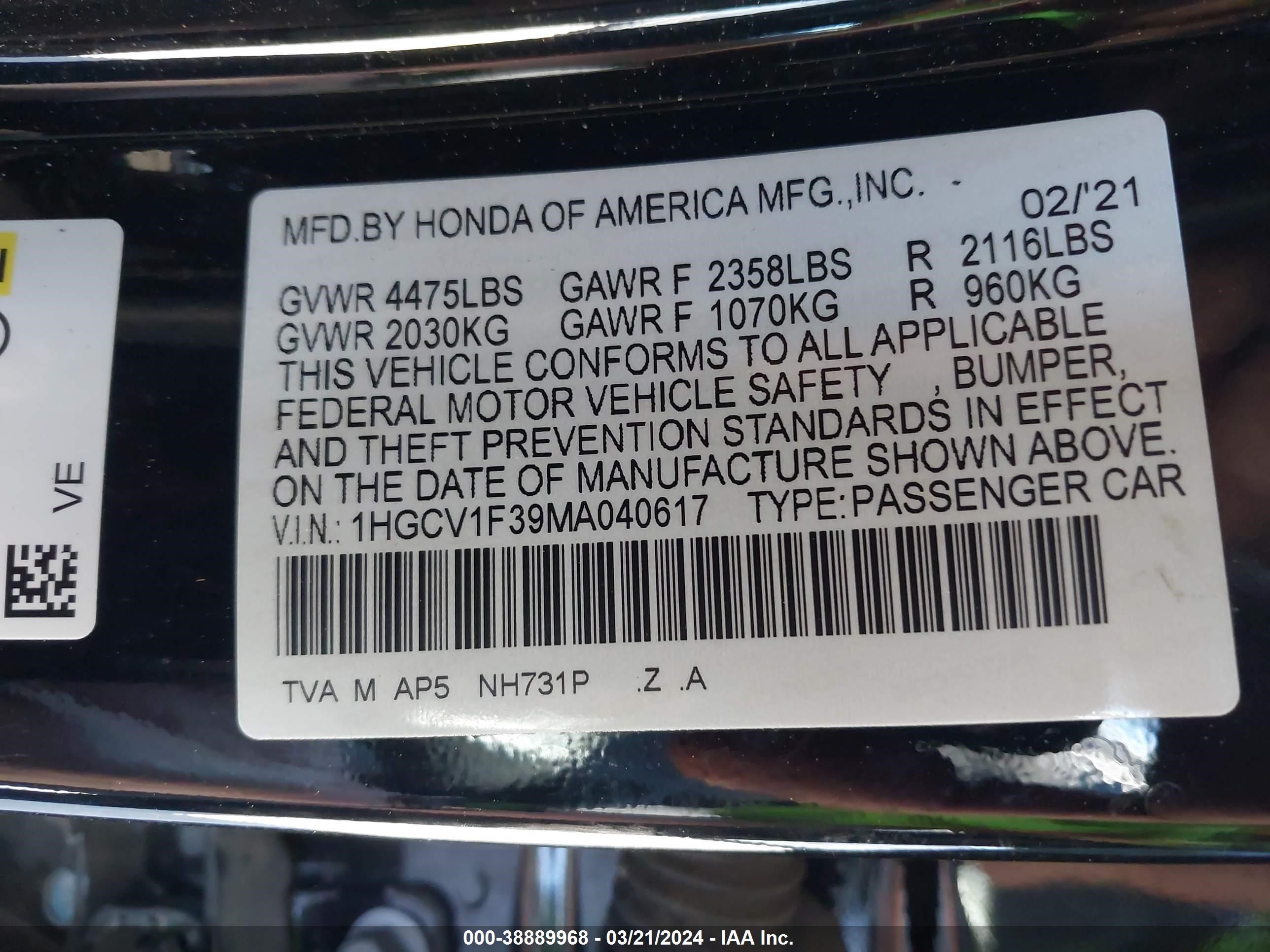 Photo 8 VIN: 1HGCV1F39MA040617 - HONDA ACCORD 