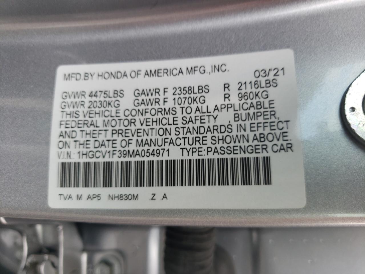 Photo 11 VIN: 1HGCV1F39MA054971 - HONDA ACCORD 