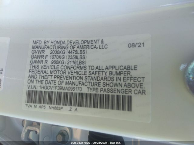 Photo 8 VIN: 1HGCV1F39MA096170 - HONDA ACCORD SEDAN 