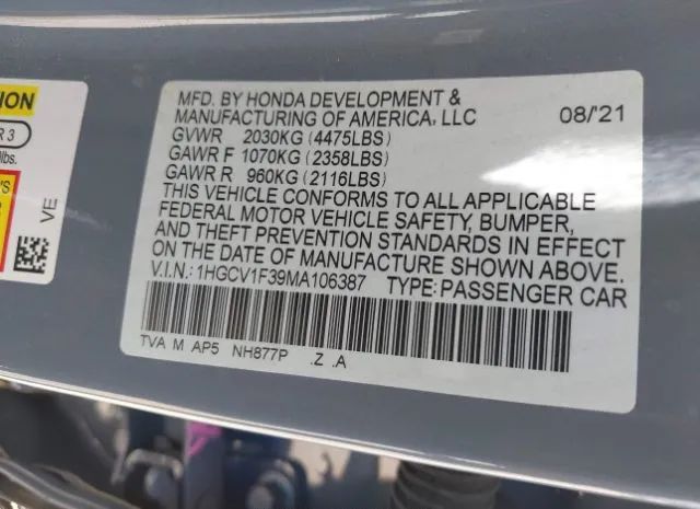 Photo 8 VIN: 1HGCV1F39MA106387 - HONDA ACCORD 