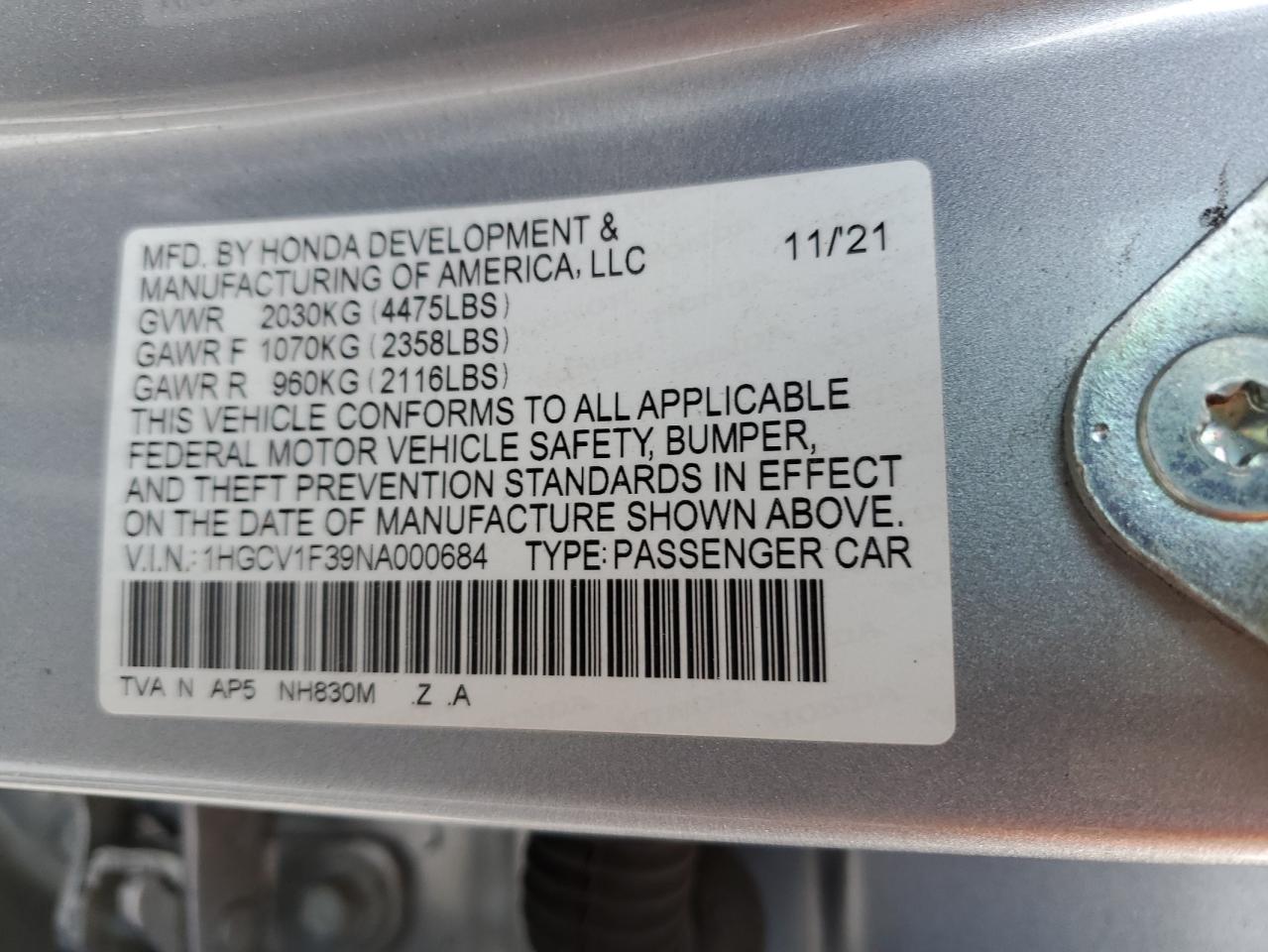 Photo 11 VIN: 1HGCV1F39NA000684 - HONDA ACCORD 