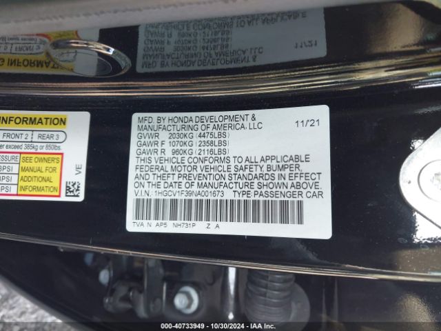 Photo 8 VIN: 1HGCV1F39NA001673 - HONDA ACCORD 