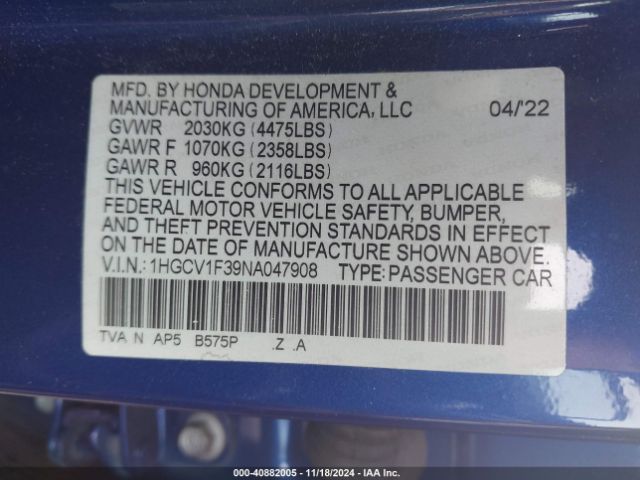 Photo 8 VIN: 1HGCV1F39NA047908 - HONDA ACCORD 