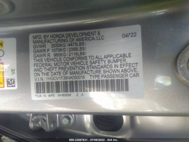 Photo 8 VIN: 1HGCV1F39NA050016 - HONDA ACCORD SEDAN 