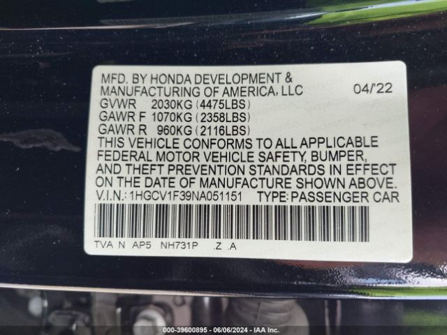 Photo 8 VIN: 1HGCV1F39NA051151 - HONDA ACCORD 