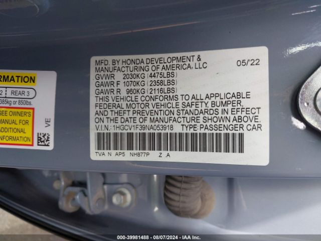 Photo 8 VIN: 1HGCV1F39NA053918 - HONDA ACCORD 