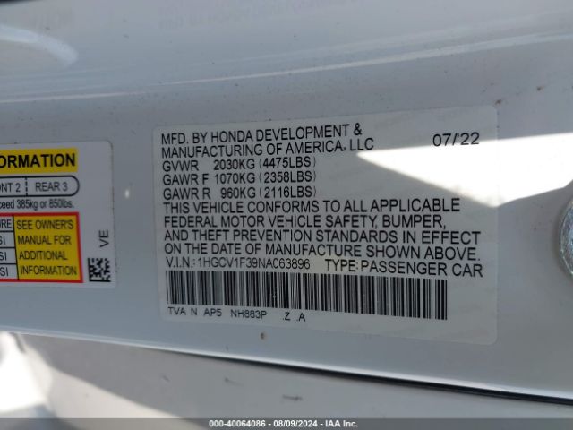 Photo 8 VIN: 1HGCV1F39NA063896 - HONDA ACCORD SPO 