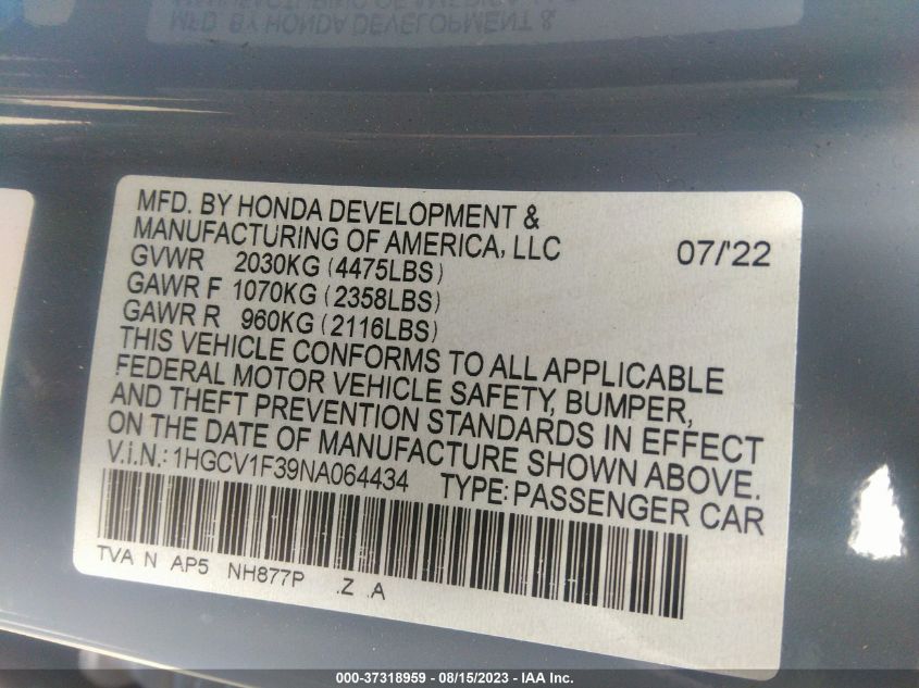 Photo 8 VIN: 1HGCV1F39NA064434 - HONDA ACCORD 