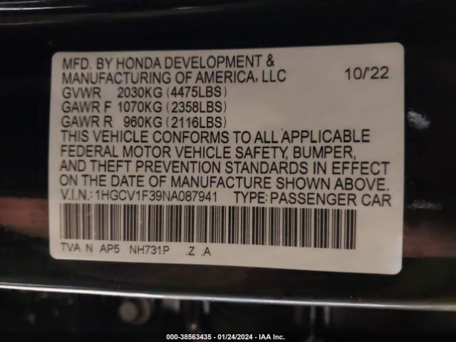 Photo 8 VIN: 1HGCV1F39NA087941 - HONDA ACCORD 