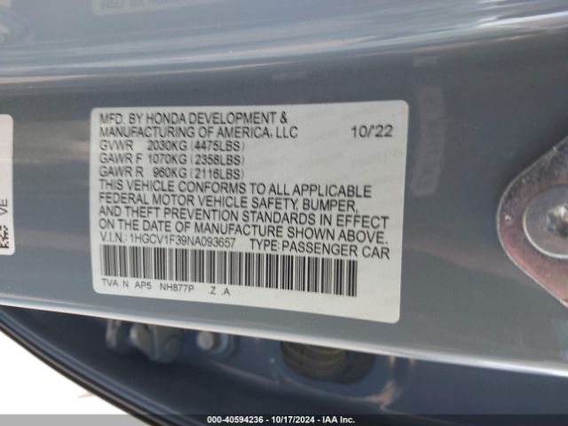 Photo 8 VIN: 1HGCV1F39NA093657 - HONDA ACCORD 