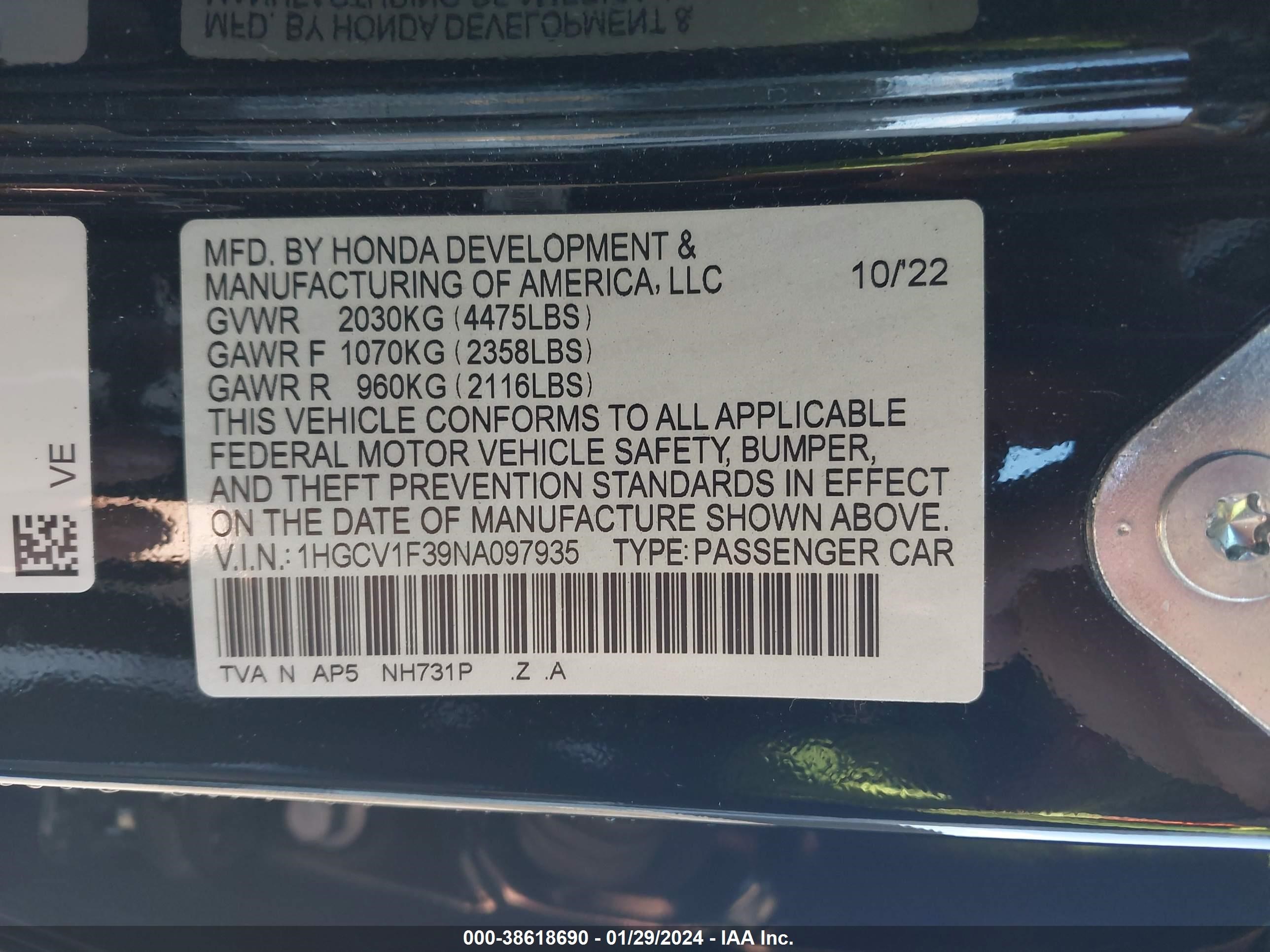 Photo 8 VIN: 1HGCV1F39NA097935 - HONDA ACCORD 