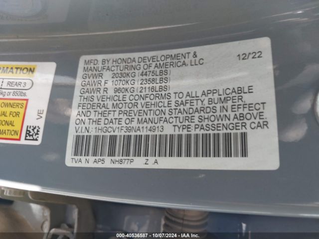 Photo 8 VIN: 1HGCV1F39NA114913 - HONDA ACCORD 