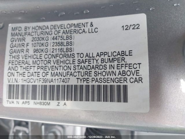 Photo 8 VIN: 1HGCV1F39NA117407 - HONDA ACCORD 