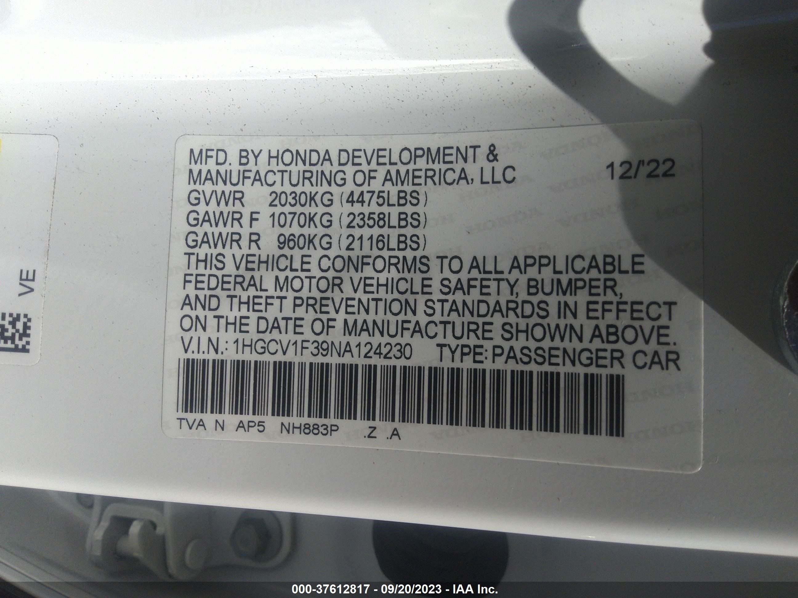 Photo 8 VIN: 1HGCV1F39NA124230 - HONDA ACCORD 