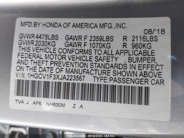 Photo 8 VIN: 1HGCV1F3XJA223567 - HONDA ACCORD 