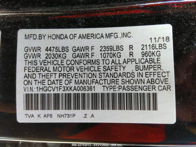 Photo 8 VIN: 1HGCV1F3XKA006361 - HONDA ACCORD SEDAN 