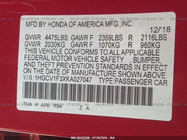 Photo 8 VIN: 1HGCV1F3XKA027047 - HONDA ACCORD SEDAN 