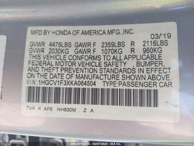 Photo 8 VIN: 1HGCV1F3XKA064504 - HONDA ACCORD 