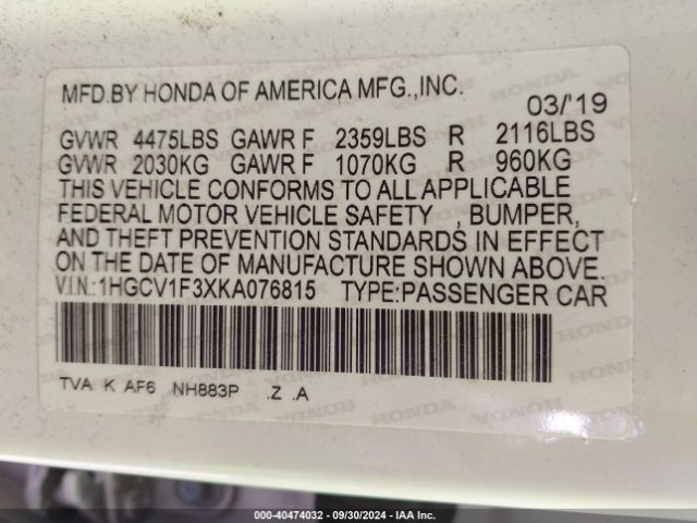 Photo 8 VIN: 1HGCV1F3XKA076815 - HONDA ACCORD 