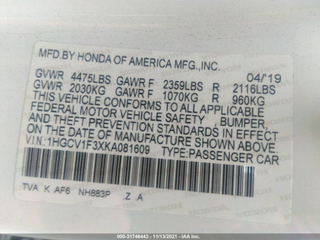 Photo 8 VIN: 1HGCV1F3XKA081609 - HONDA ACCORD SEDAN 