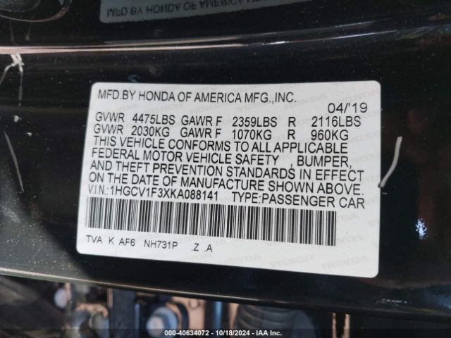 Photo 8 VIN: 1HGCV1F3XKA088141 - HONDA ACCORD 