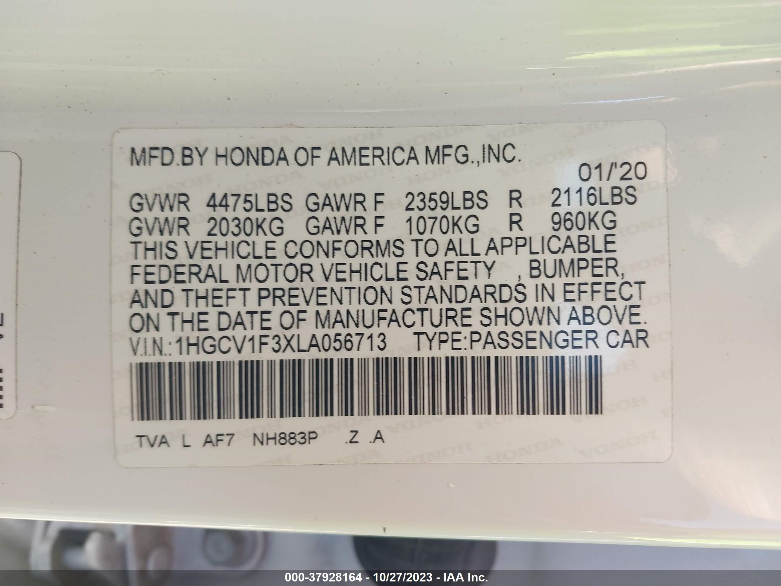 Photo 8 VIN: 1HGCV1F3XLA056713 - HONDA ACCORD 