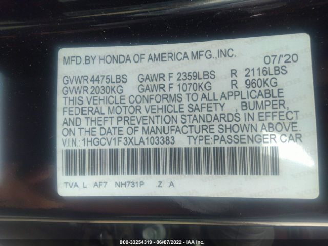 Photo 8 VIN: 1HGCV1F3XLA103383 - HONDA ACCORD SEDAN 