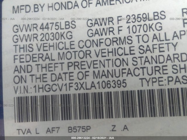 Photo 8 VIN: 1HGCV1F3XLA106395 - HONDA ACCORD SEDAN 