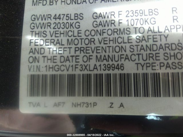 Photo 8 VIN: 1HGCV1F3XLA139946 - HONDA ACCORD SEDAN 