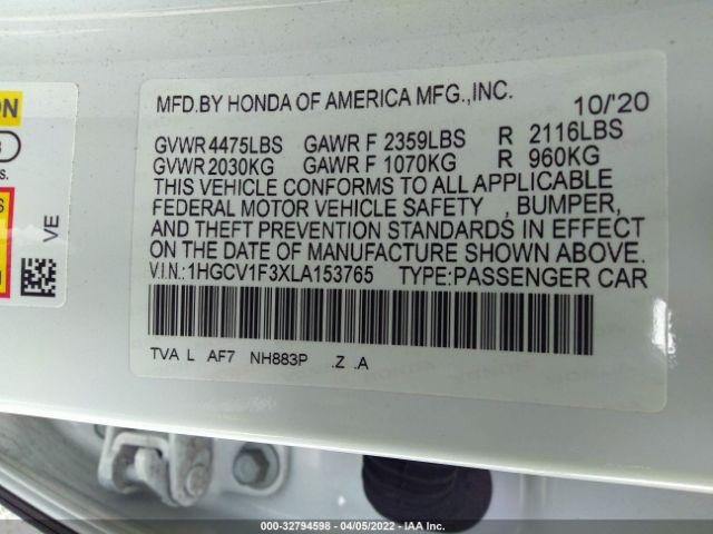 Photo 8 VIN: 1HGCV1F3XLA153765 - HONDA ACCORD SEDAN 