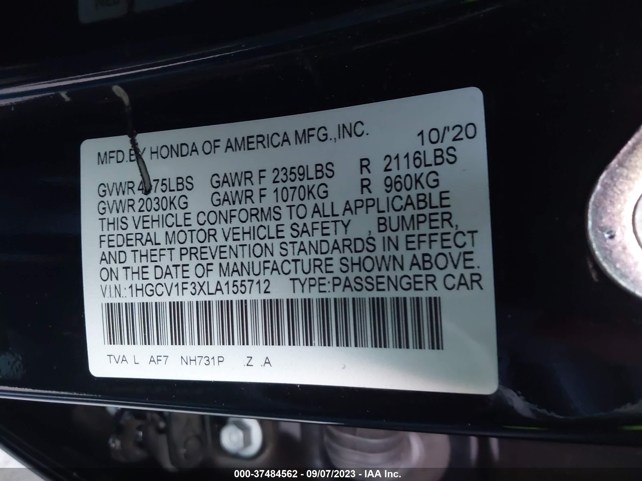 Photo 8 VIN: 1HGCV1F3XLA155712 - HONDA ACCORD 