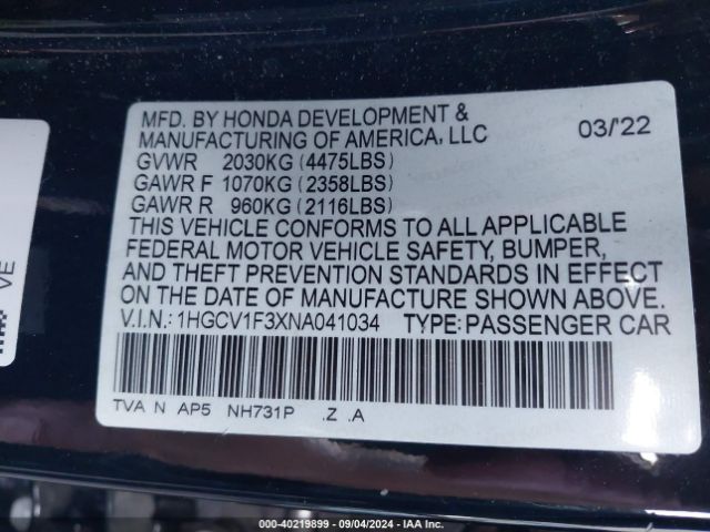 Photo 8 VIN: 1HGCV1F3XNA041034 - HONDA ACCORD 