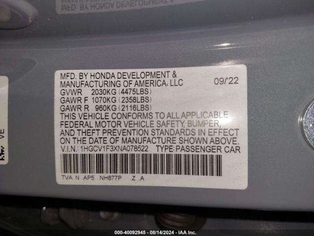 Photo 8 VIN: 1HGCV1F3XNA078522 - HONDA ACCORD 