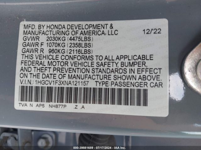 Photo 8 VIN: 1HGCV1F3XNA121157 - HONDA ACCORD 