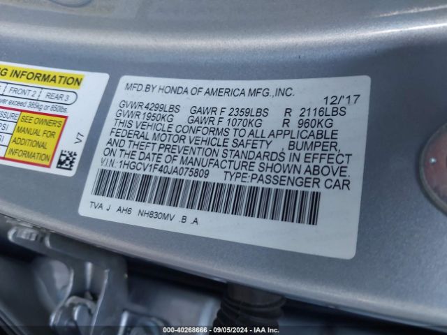 Photo 8 VIN: 1HGCV1F40JA075809 - HONDA ACCORD 