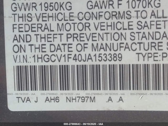 Photo 8 VIN: 1HGCV1F40JA153389 - HONDA ACCORD SEDAN 