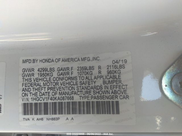 Photo 8 VIN: 1HGCV1F40KA087668 - HONDA ACCORD SEDAN 