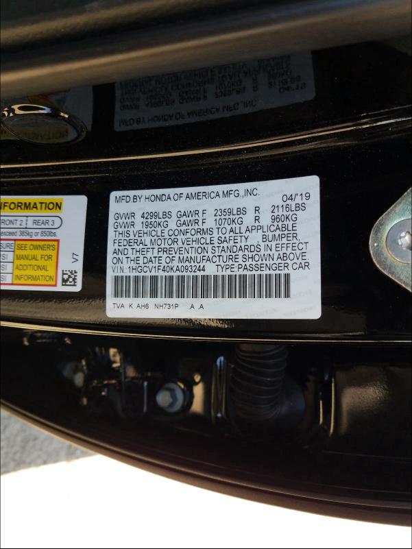 Photo 9 VIN: 1HGCV1F40KA093244 - HONDA ACCORD EX 