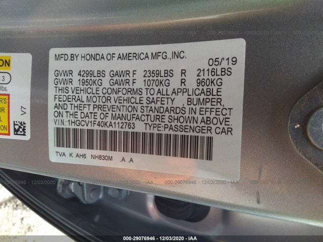 Photo 8 VIN: 1HGCV1F40KA112763 - HONDA ACCORD SEDAN 