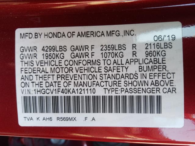 Photo 9 VIN: 1HGCV1F40KA121110 - HONDA ACCORD EX 