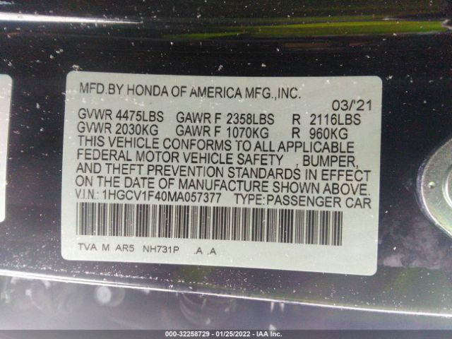 Photo 8 VIN: 1HGCV1F40MA057377 - HONDA ACCORD SEDAN 