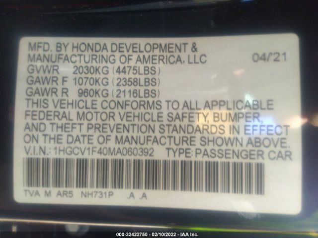 Photo 8 VIN: 1HGCV1F40MA060392 - HONDA ACCORD SEDAN 