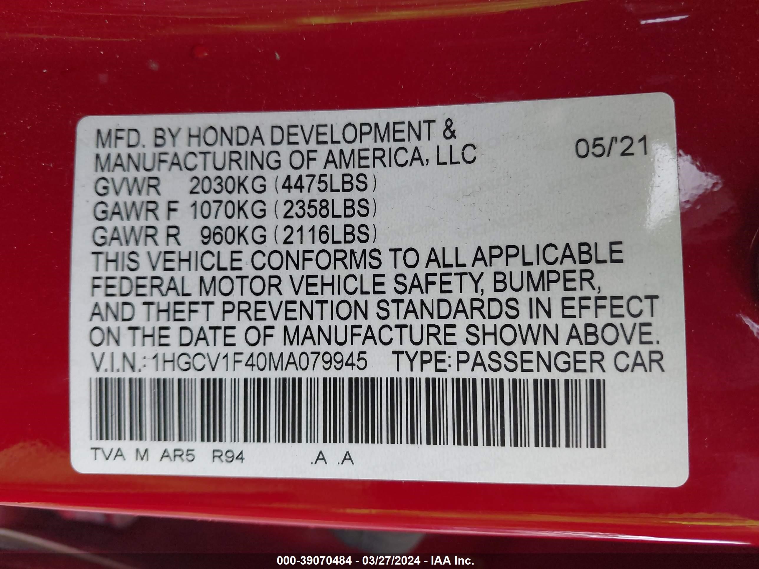 Photo 8 VIN: 1HGCV1F40MA079945 - HONDA ACCORD 