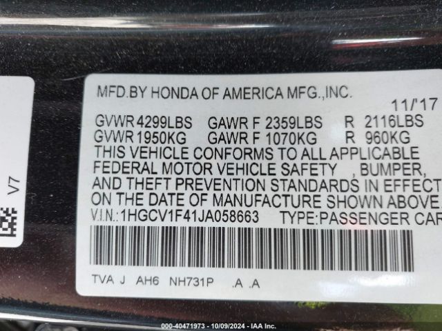 Photo 8 VIN: 1HGCV1F41JA058663 - HONDA ACCORD 