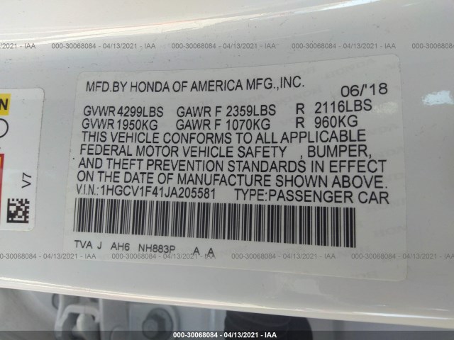 Photo 8 VIN: 1HGCV1F41JA205581 - HONDA ACCORD SEDAN 