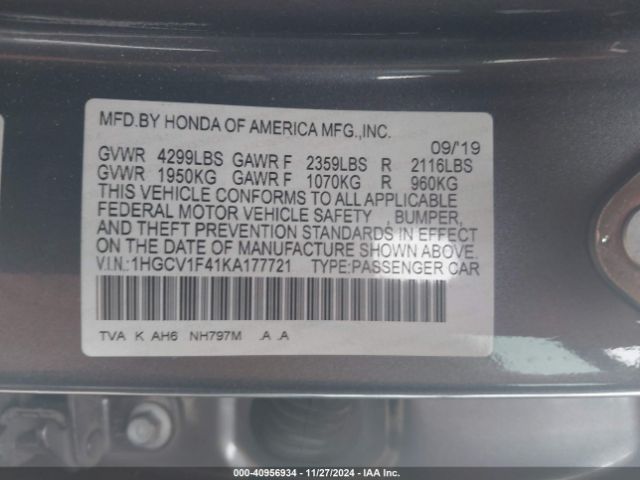 Photo 8 VIN: 1HGCV1F41KA177721 - HONDA ACCORD 