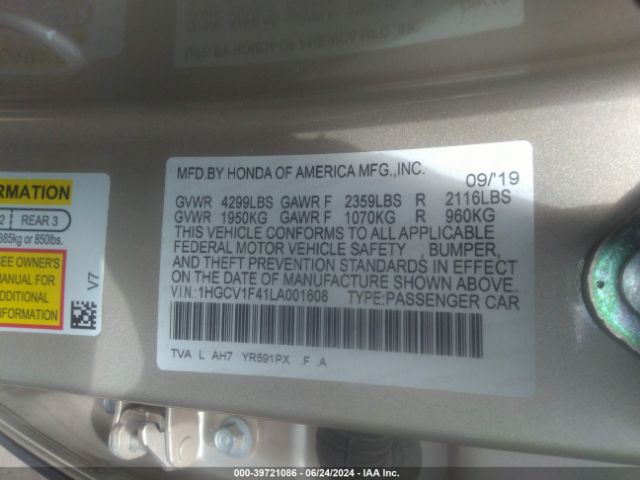 Photo 8 VIN: 1HGCV1F41LA001608 - HONDA ACCORD 