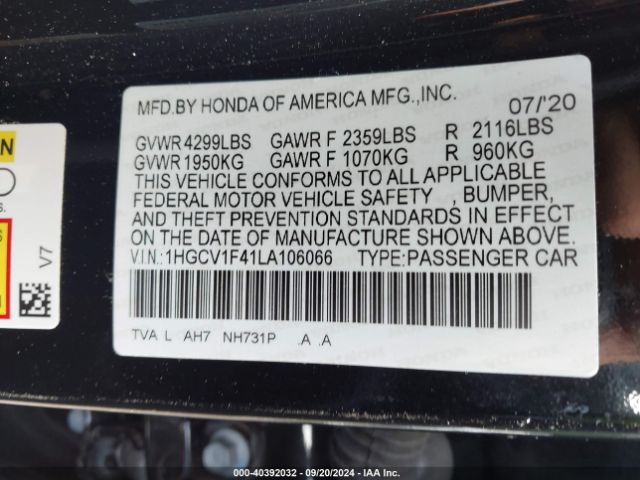 Photo 8 VIN: 1HGCV1F41LA106066 - HONDA ACCORD 