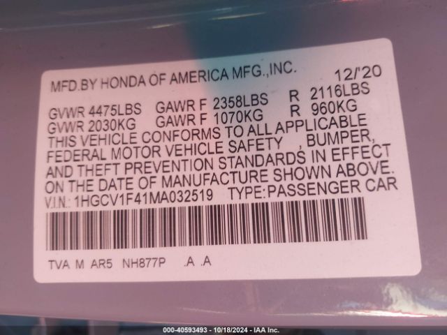 Photo 8 VIN: 1HGCV1F41MA032519 - HONDA ACCORD 